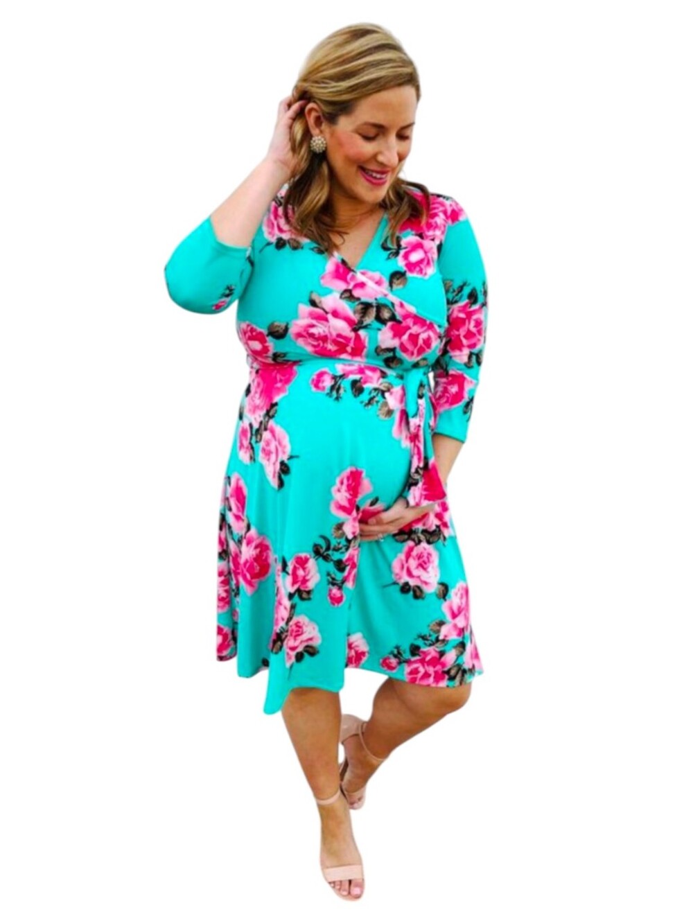 Aqua / Mint Floral Maternity‎ Dress Saturated Pink Rose Floral Midi